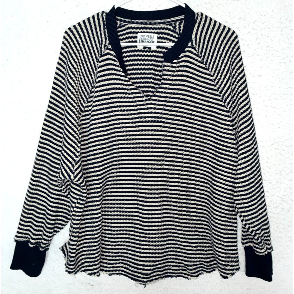 American Eagle Seriously Lived-In Striped Sweatshirt Cream Navy Blue Sz S